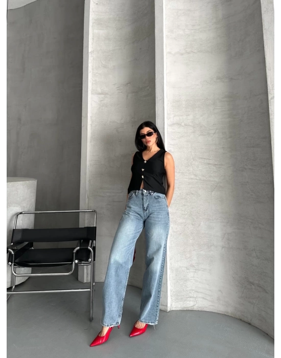 Palazzo straight kar yıkama jeans pantolon mavi d2008