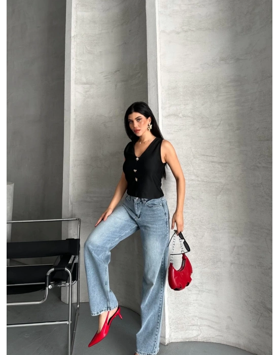 Palazzo straight kar yıkama jeans pantolon mavi d2008