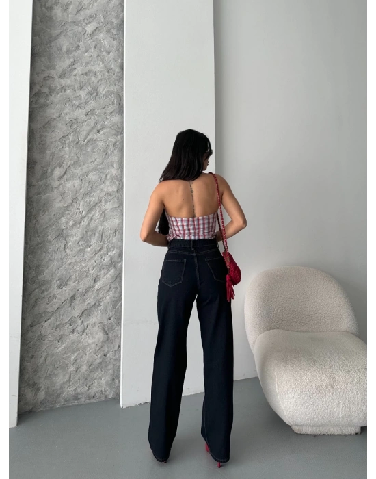 Palazzo süper taş enzim tint yıkama koyu lacivert jeans pantolon d2008