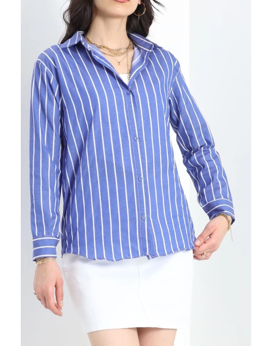 Pamuk Polyester Çizgili Gömlek Saksbeyaz - 30135.1874.