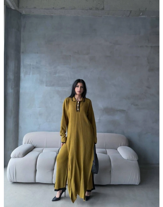 Pantolon yırtmaçlı elbise ikili triko takım yeşil elf