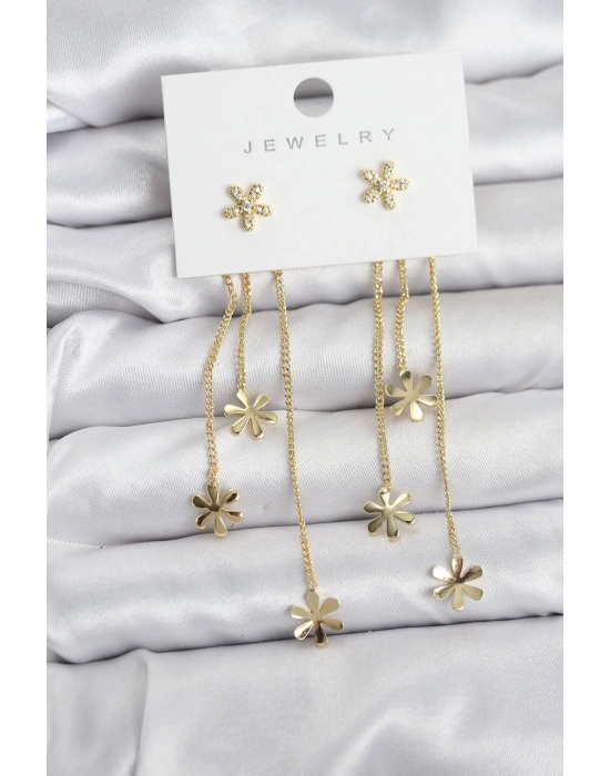 Papatya Model Gold Renk Pirinç Sallantılı Kadın Küpe