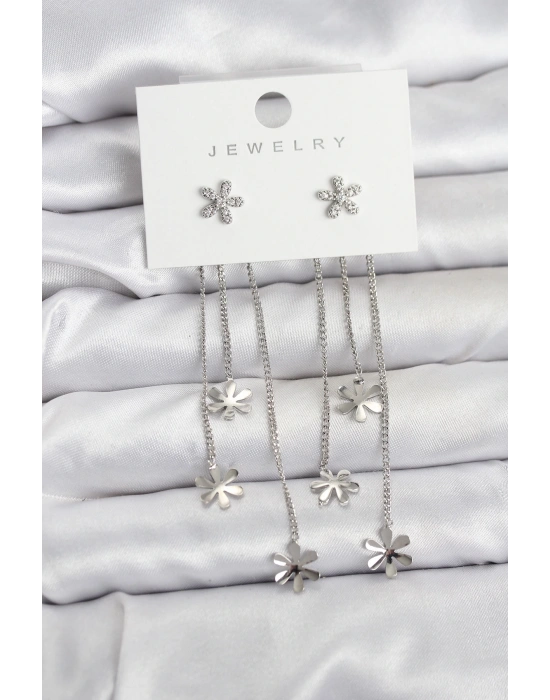 Papatya Model Gümüş Renk Pirinç Sallantılı Kadın Küpe