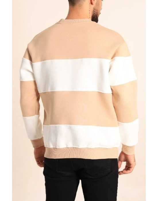 Parçalı Bisiklet Yaka Baskılı SweatShirt - Bej