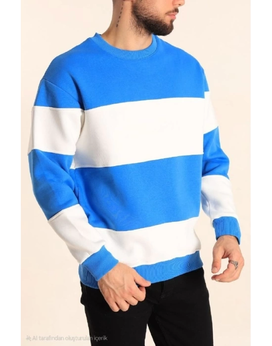 Parçalı Bisiklet Yaka Baskılı SweatShirt - Mavi