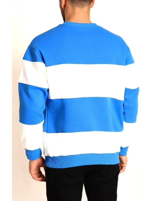 Parçalı Bisiklet Yaka Baskılı SweatShirt - Mavi