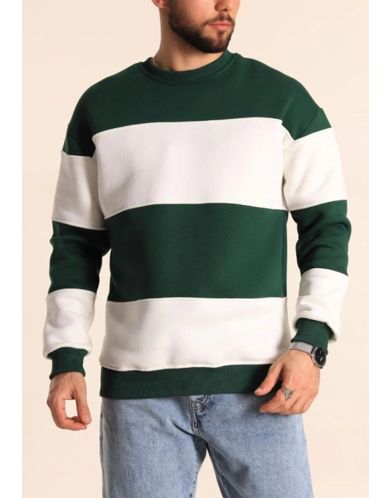 Parçalı Bisiklet Yaka Baskılı SweatShirt - Yeşil
