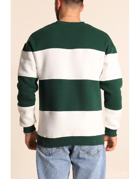 Parçalı Bisiklet Yaka Baskılı SweatShirt - Yeşil