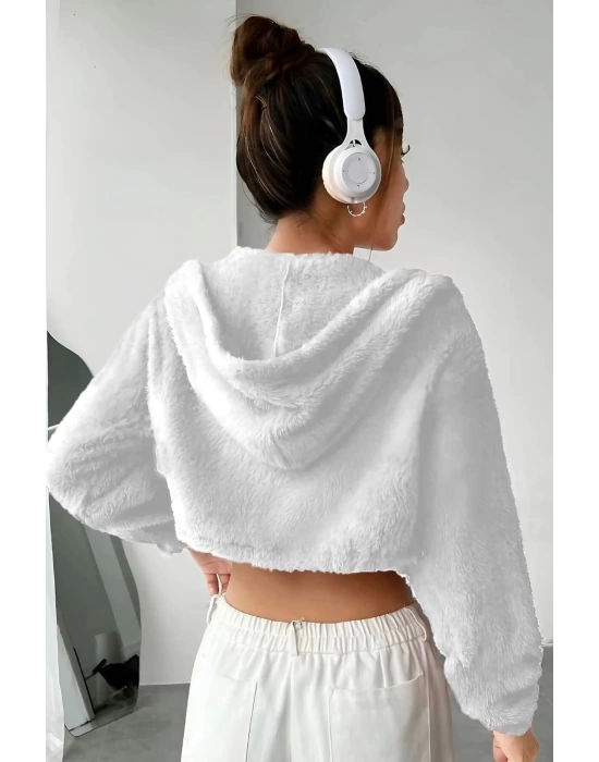 Peluş ceket kapşonlu beyaz