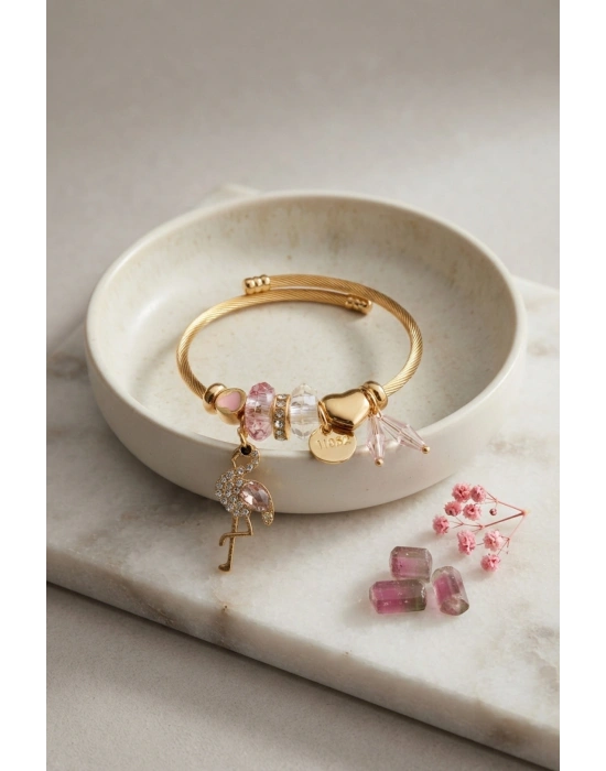 Pembe Flamingo Model Gold Renk Charmlı Bileklik