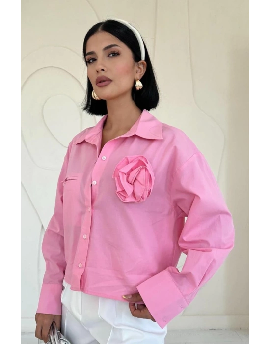 Pembe Fleto Cepli Poplin Gömlek