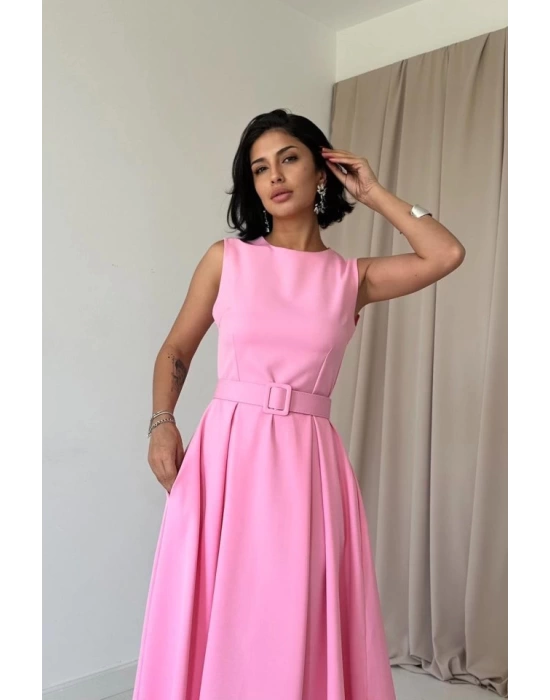Pembe Halter Yaka Kloş Elbise