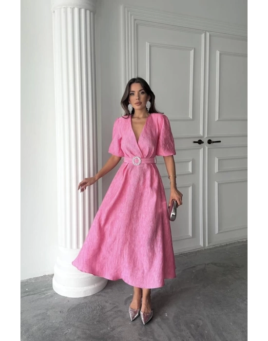 Pembe Işıltılı Kemerli Kruvaze Elbise