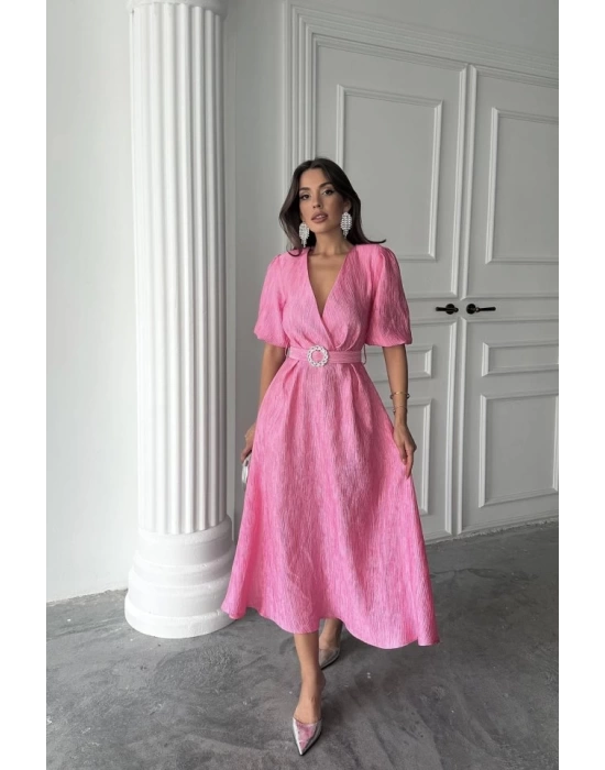 Pembe Işıltılı Kemerli Kruvaze Elbise