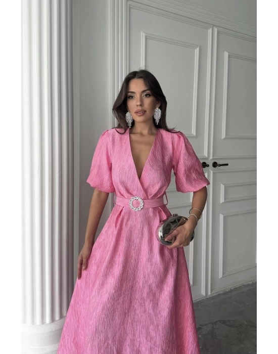 Pembe Işıltılı Kemerli Kruvaze Elbise
