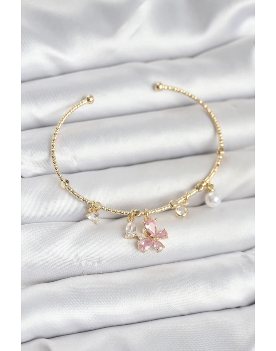 Pembe Kelebek Charmlı Gold Renk Kadın Bileklik