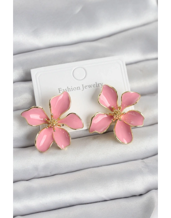 Pembe Mineli Çiçek Model Pirinç Kadın Küpe