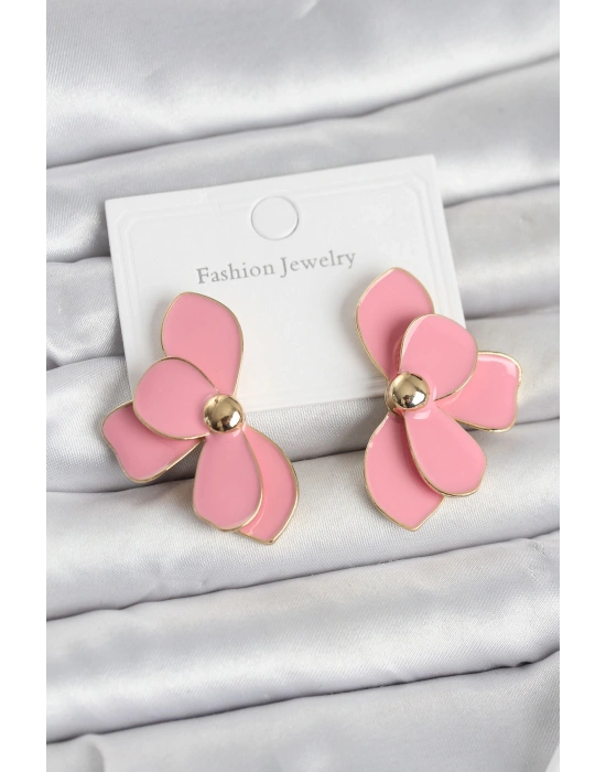 Pembe Mineli Lotus Model Pirinç Kadın Küpe