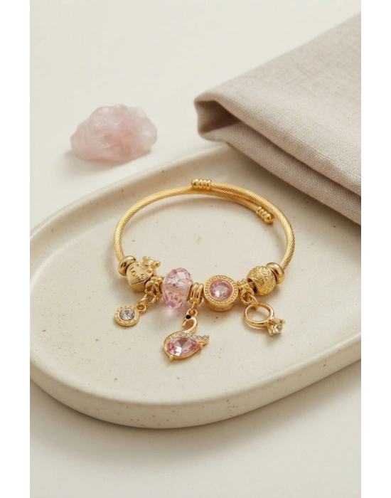 Pembe Swan Model Gold Renk Charmlı Bileklik