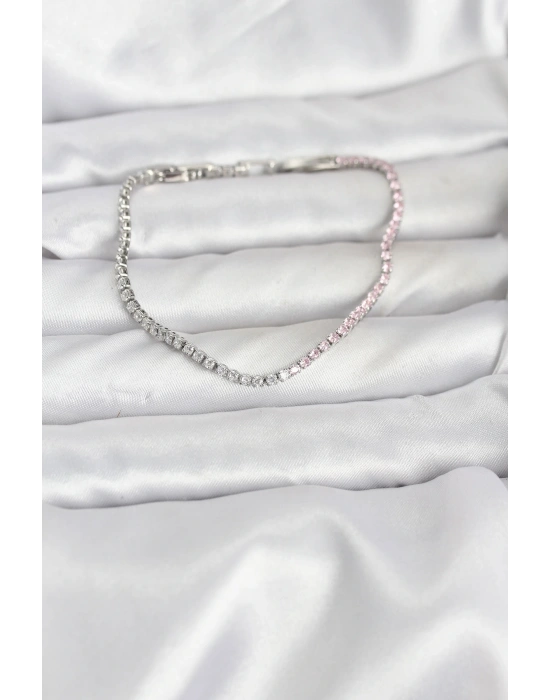 Pembe ve Beyaz Zirkon Taşlı Gümüş Renk Su Yolu Kadın Bileklik