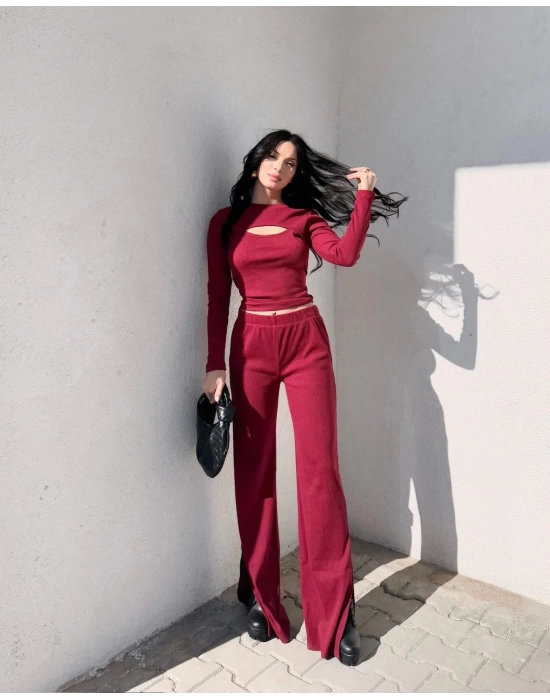 Pencereli detaylı alt üst takım bordo w3864