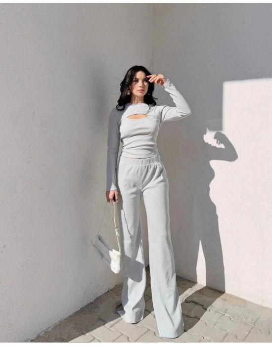 Pencereli detaylı alt üst takım gri w3864