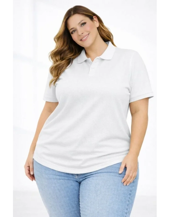 Pike Kumaş Düğmeli Yaka Battal Büyük Beden Günlük Kısa Kol Tişört T-shirt - Beyaz