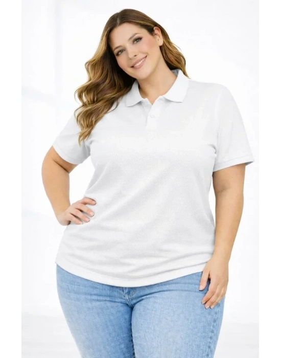 Pike Kumaş Düğmeli Yaka Battal Büyük Beden Günlük Kısa Kol Tişört T-shirt - Beyaz