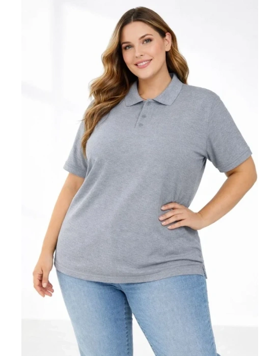 Pike Kumaş Düğmeli Yaka Battal Büyük Beden Günlük Kısa Kol Tişört T-shirt - Gri