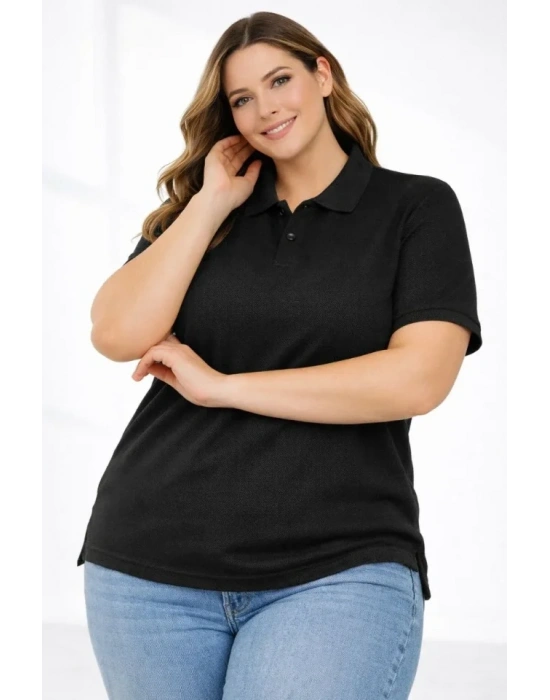 Pike Kumaş Düğmeli Yaka Battal Büyük Beden Günlük Kısa Kol Tişört T-shirt - Siyah