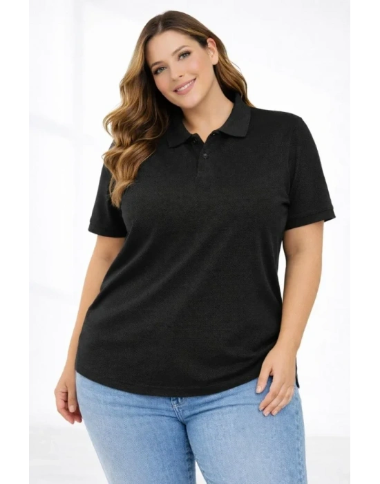 Pike Kumaş Düğmeli Yaka Battal Büyük Beden Günlük Kısa Kol Tişört T-shirt - Siyah