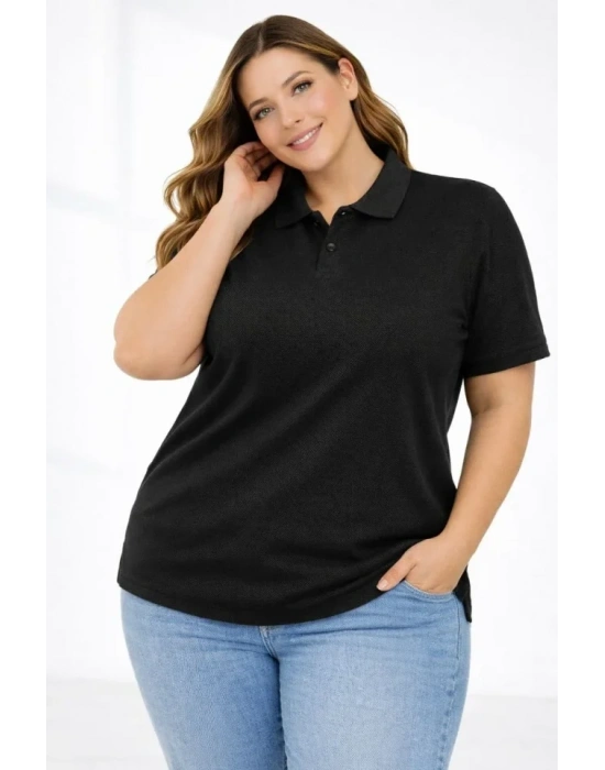 Pike Kumaş Düğmeli Yaka Battal Büyük Beden Günlük Kısa Kol Tişört T-shirt - Siyah