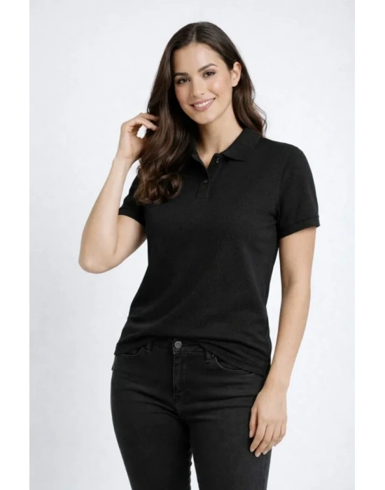 Pike Kumaş Düğmeli Yaka Regular Rahat Günlük Kısa Kol Tişört T-shirt - Siyah