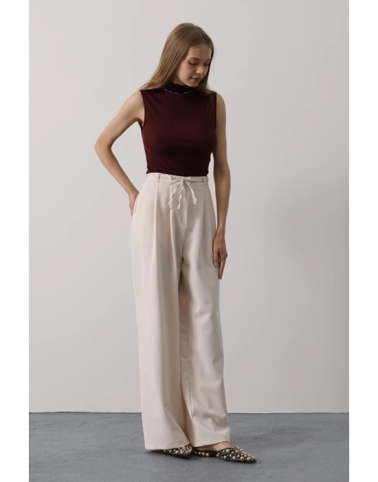 Pileli Bağcıklı Oversize Pantolon - Bej