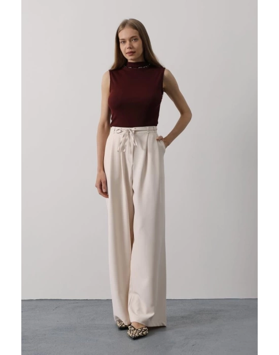 Pileli Bağcıklı Oversize Pantolon - Bej