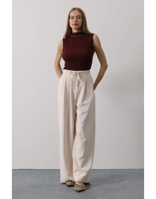 Pileli Bağcıklı Oversize Pantolon - Bej