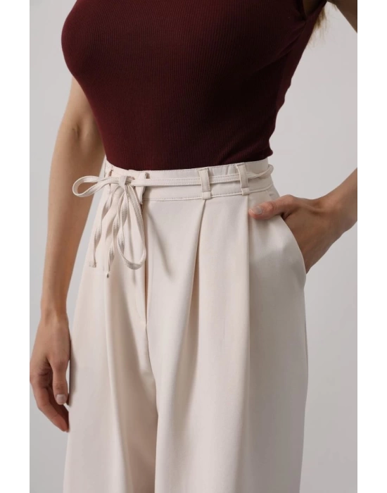 Pileli Bağcıklı Oversize Pantolon - Bej