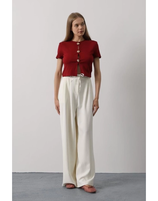 Pileli Bağcıklı Oversize Pantolon - Ekru