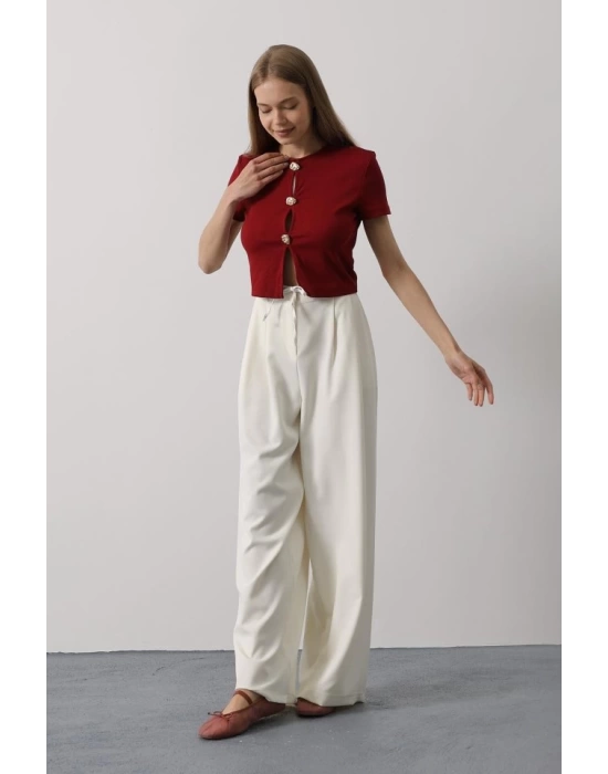 Pileli Bağcıklı Oversize Pantolon - Ekru