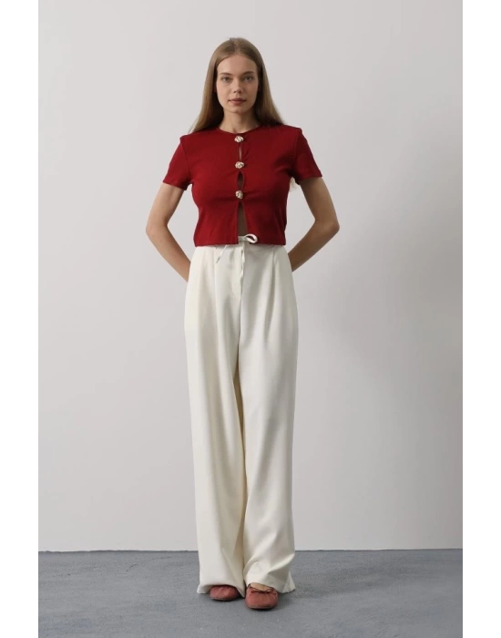 Pileli Bağcıklı Oversize Pantolon - Ekru