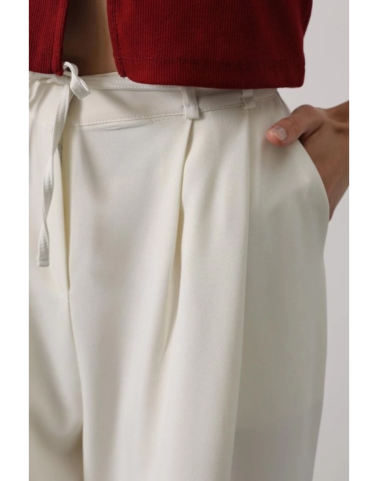 Pileli Bağcıklı Oversize Pantolon - Ekru