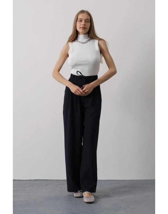 Pileli Bağcıklı Oversize Pantolon - Lacivert