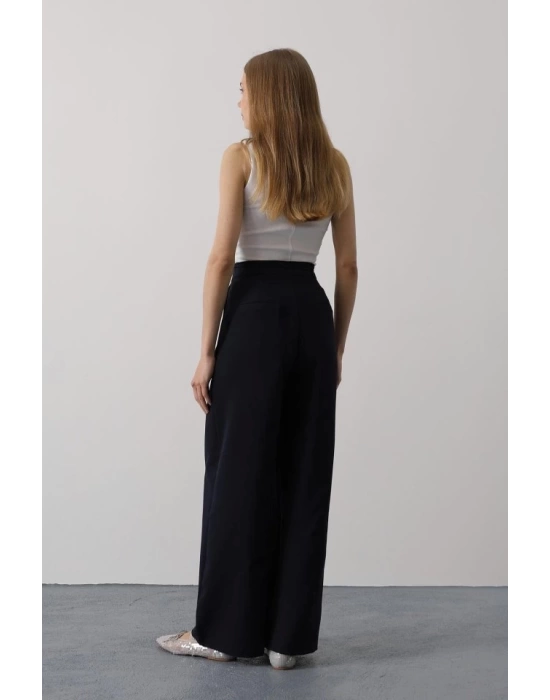 Pileli Bağcıklı Oversize Pantolon - Lacivert