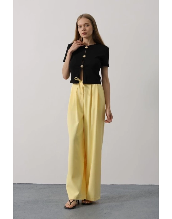Pileli Bağcıklı Oversize Pantolon - Sarı