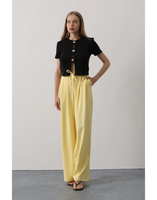 Pileli Bağcıklı Oversize Pantolon - Sarı