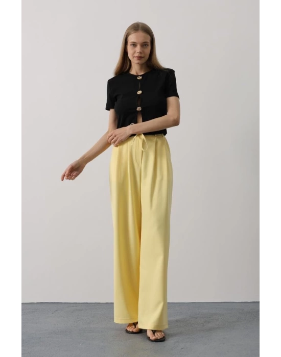 Pileli Bağcıklı Oversize Pantolon - Sarı