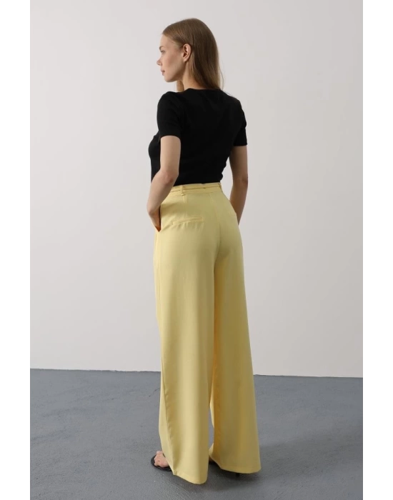 Pileli Bağcıklı Oversize Pantolon - Sarı