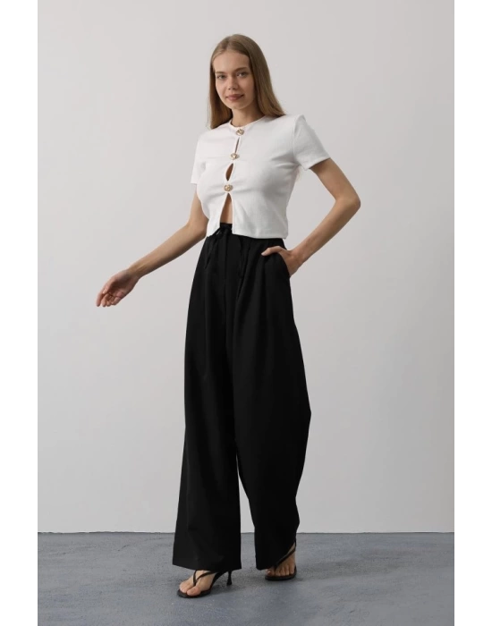 Pileli Bağcıklı Oversize Pantolon - Siyah