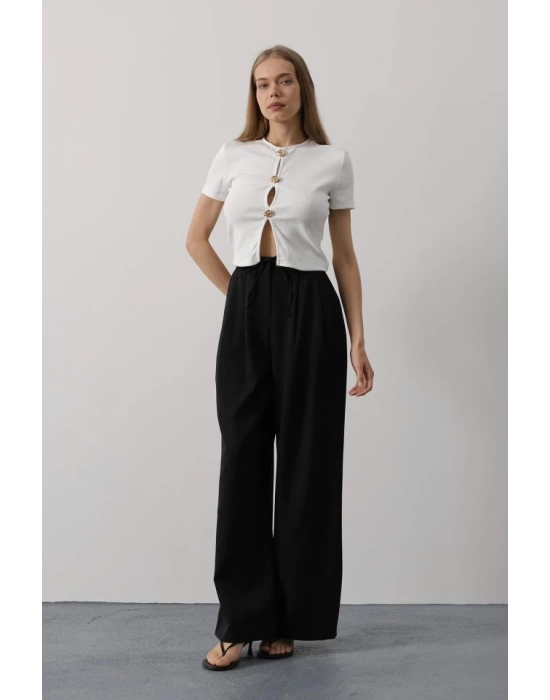 Pileli Bağcıklı Oversize Pantolon - Siyah