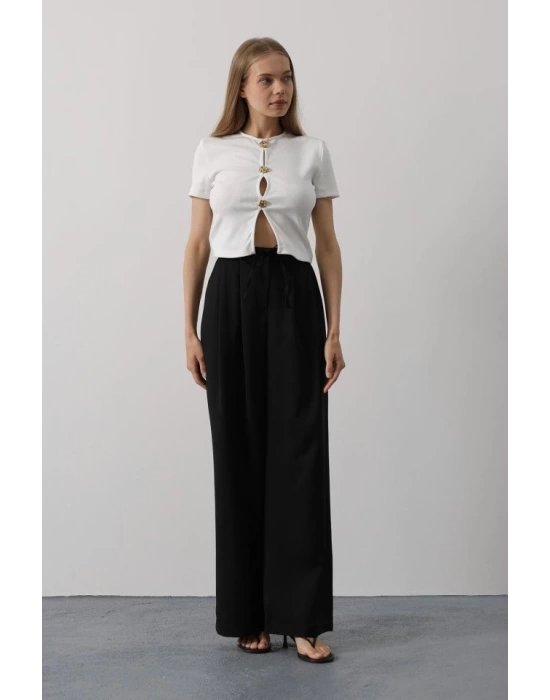Pileli Bağcıklı Oversize Pantolon - Siyah
